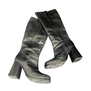 Free People Gogo Boots Black Leather Rave Festival Chunky Heel Knee High Size 10
